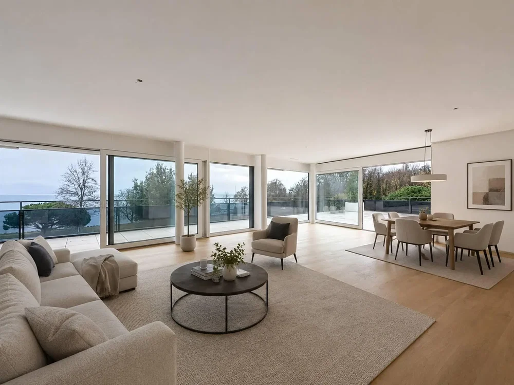 Wohnzimmer; blick, holzboden, tageslicht, moderner stil