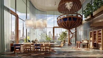Living room; view, natural light, modern style, high ceiling