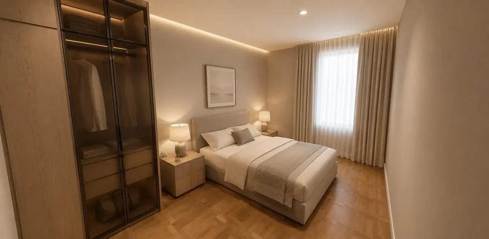 Ložnice; dřevěná podlaha, přirozené světlo, moderní styl