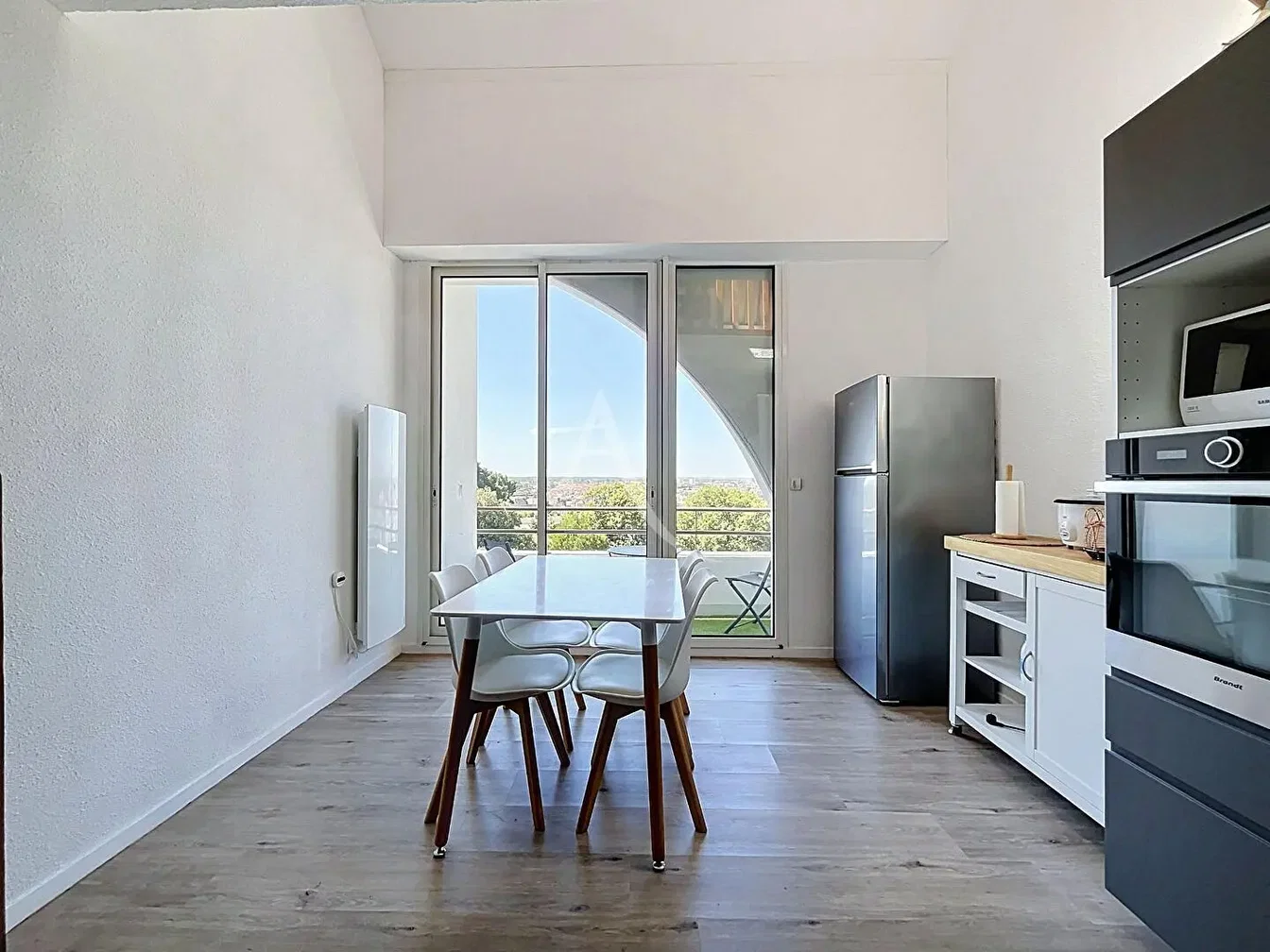Kitchen; kitchen appliances, wood floor, natural light, modern style