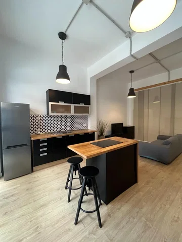 Kitchen; kitchen appliances, wood floor, natural light, modern style