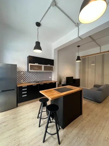 Kitchen; kitchen appliances, wood floor, natural light, modern style