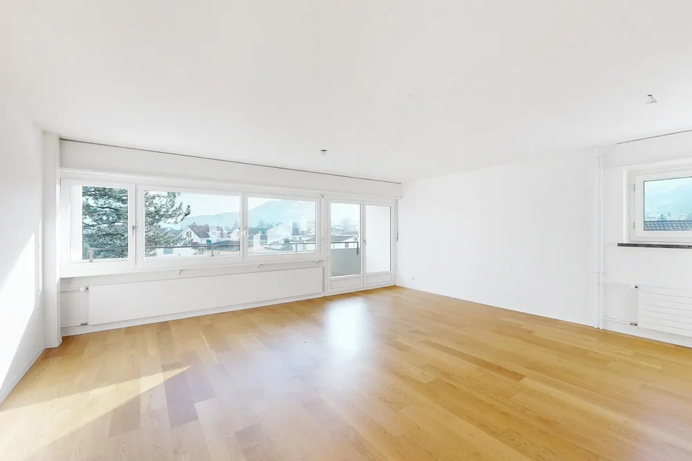 Living room; wood floor, natural light, view