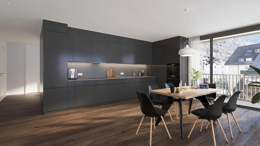 Cocina; electrodomésticos, suelo de madera, luz natural, estilo moderno