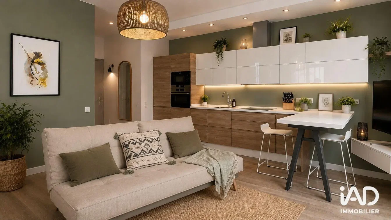 Woonkamer; natuurlijk licht, moderne stijl, houten vloer, keukenapparatuur