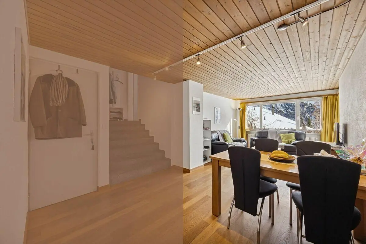 Salón; suelo de madera, vigas de madera, luz natural, estilo moderno