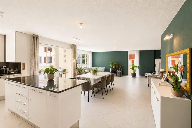 Kitchen; kitchen appliances, tile floor, natural light