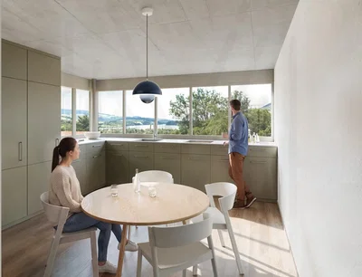 Kitchen; view, natural light, modern style, wood floor