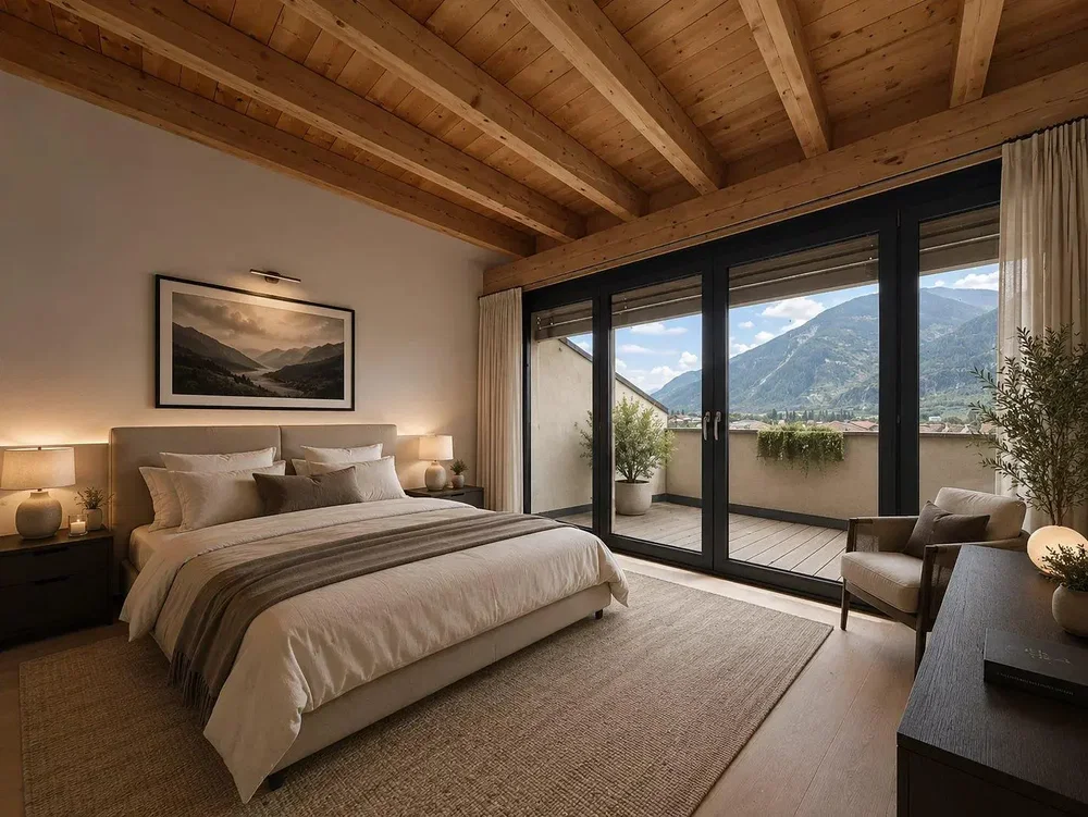 Schlafzimmer; holzbalken, tageslicht, rustikaler stil, blick