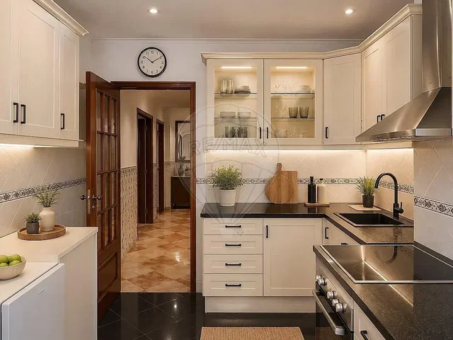Kitchen; kitchen appliances, tile floor, wood floor, natural light
