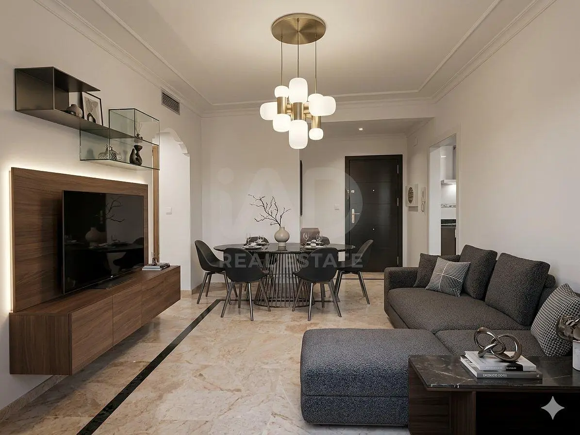 Living room; modern style, tile floor, natural light, wood beams