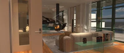 Wohnzimmer; blick, kamin, holzboden, tageslicht