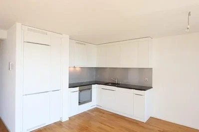 Keuken; keukenapparatuur, houten vloer, natuurlijk licht