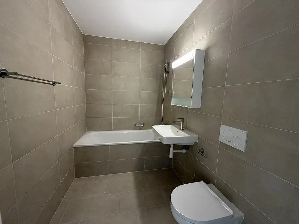Salle de bain; carrelage, rénové, lumière naturelle