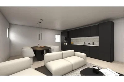 Obývací pokoj; kuchyňské spotřebiče, přirozené světlo, moderní styl