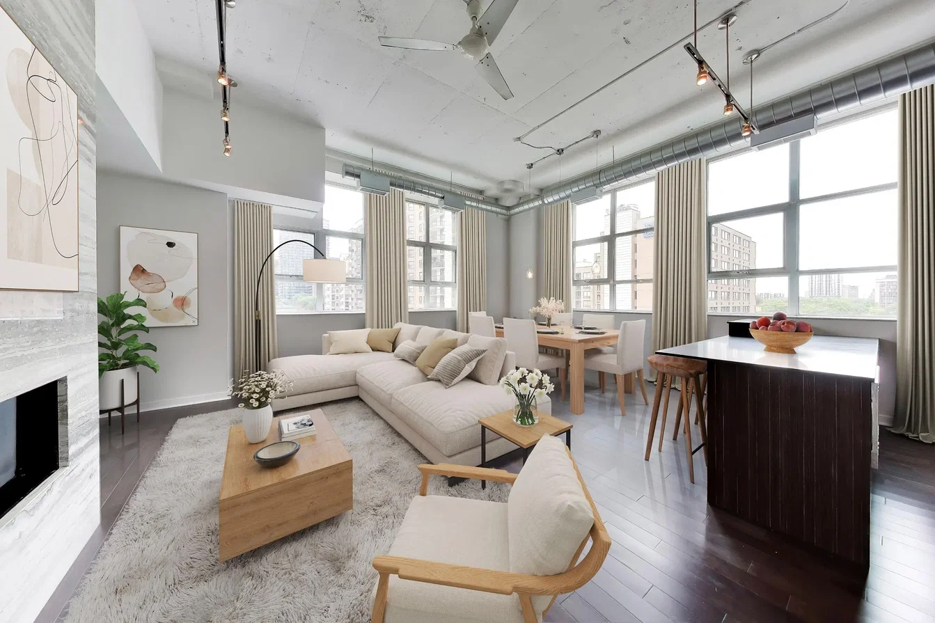 Woonkamer; natuurlijk licht, moderne stijl, houten vloer, open haard