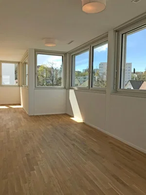 Living room; wood floor, natural light, view