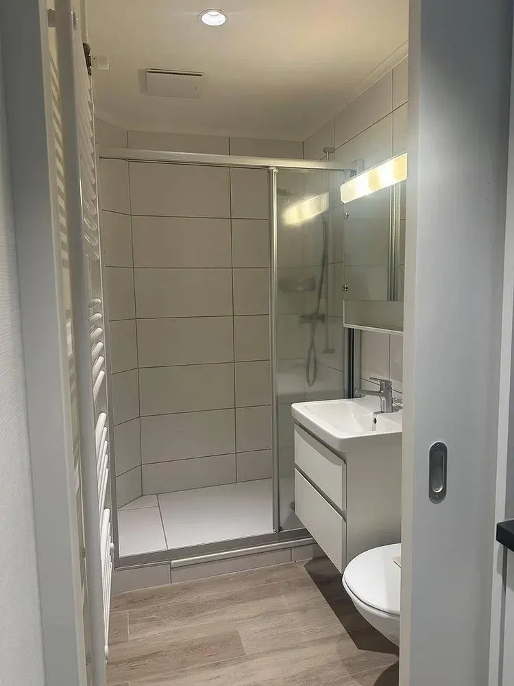 Salle de bain; carrelage, rénové, lumière naturelle