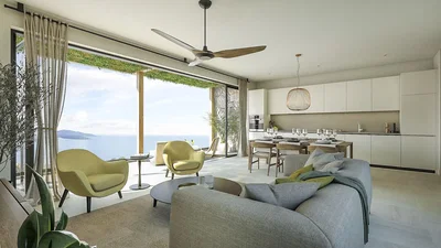 Living room; view, kitchen appliances, natural light, modern style