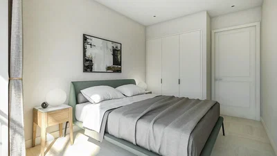 Ložnice; přirozené světlo, moderní styl, dřevěná podlaha
