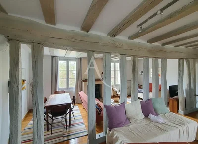 Salon; poutres en bois, parquet, lumière naturelle