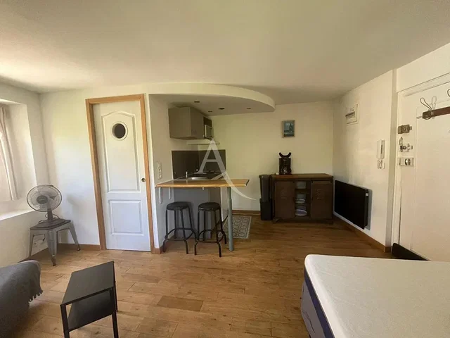 Woonkamer; keukenapparatuur, houten vloer, natuurlijk licht