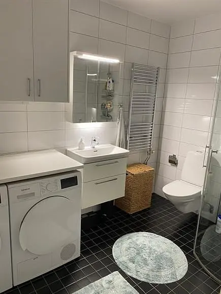 Toilet; tile floor, natural light