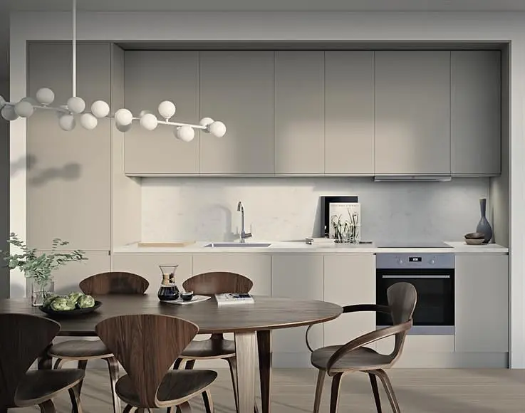 Kitchen; kitchen appliances, wood floor, natural light, modern style
