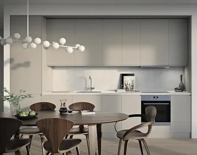 Kitchen; kitchen appliances, wood floor, natural light, modern style
