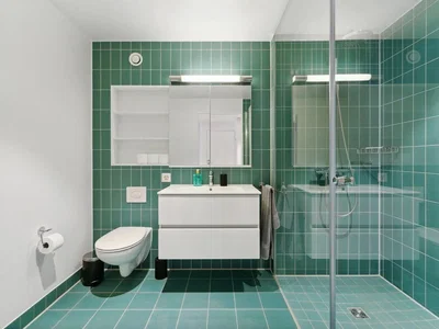 Toilet; tile floor, natural light