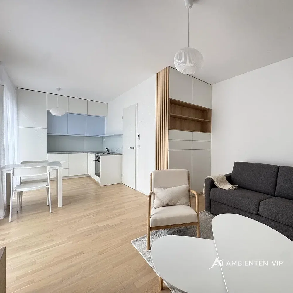 Living room; kitchen appliances, wood floor, natural light, modern style