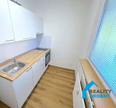 Kuchyně; kuchyňské spotřebiče, dřevěná podlaha, přirozené světlo, po rekonstrukci