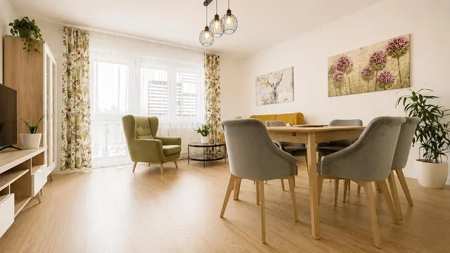 Salón; suelo de madera, luz natural, estilo moderno