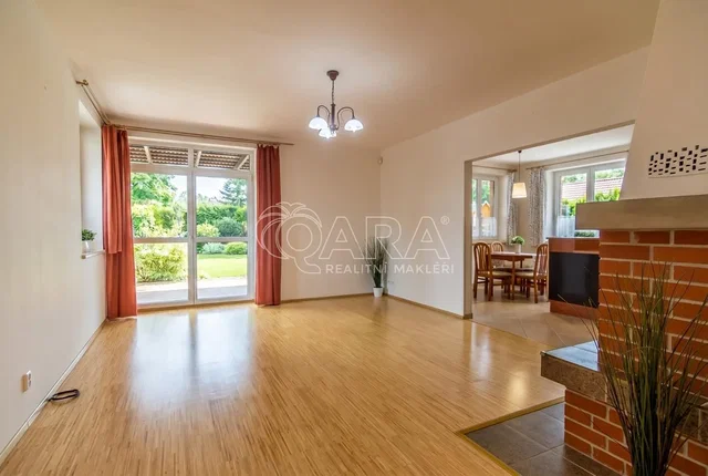 Salon; podłoga drewniana, światło dzienne, kominek