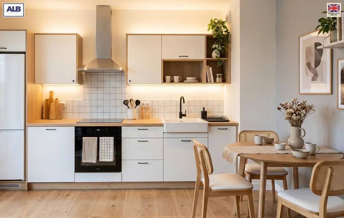 Cuisine; électroménager, parquet, lumière naturelle, style moderne