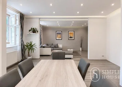 Living room; modern style, wood floor, natural light, renovated