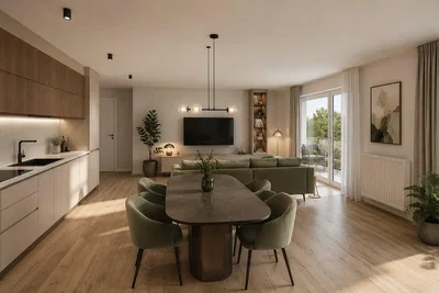 Salon; vue, électroménager, parquet, lumière naturelle, style moderne