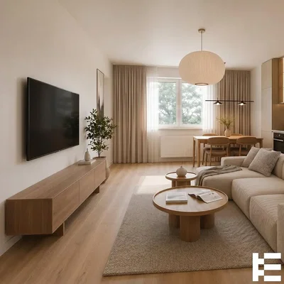 Obývací pokoj; přirozené světlo, dřevěná podlaha, moderní styl