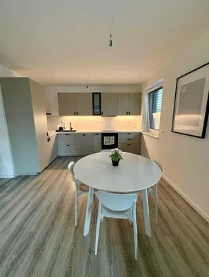 Kitchen; kitchen appliances, wood floor, natural light