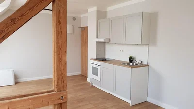 Kitchen; kitchen appliances, wood floor, natural light