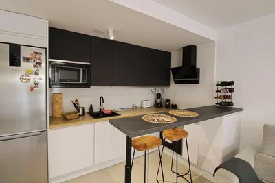 Cuisine; électroménager, parquet, lumière naturelle
