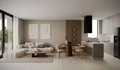 Living room; view, kitchen appliances, natural light, modern style, wood floor
