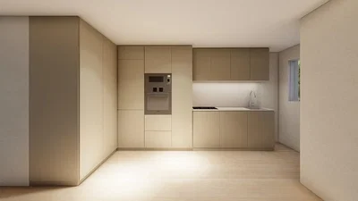 Cuisine; électroménager, parquet, lumière naturelle, rénové