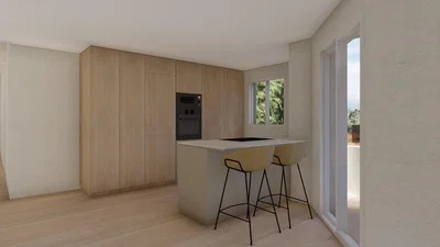 Küche; küchengeräte, holzboden, tageslicht, moderner stil
