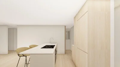 Cuisine; électroménager, parquet, lumière naturelle, style moderne, rénové