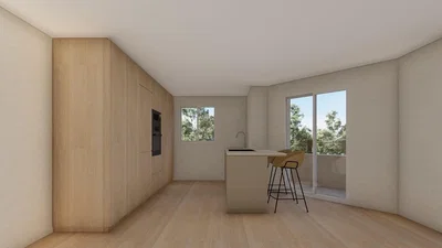 Cozinha; eletrodomésticos, luz natural, chão de madeira, renovado