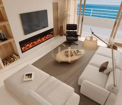 Oturma odası; manzara, şömine, doğal ışık, modern stil