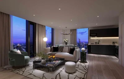 Living room; view, wood floor, natural light, modern style