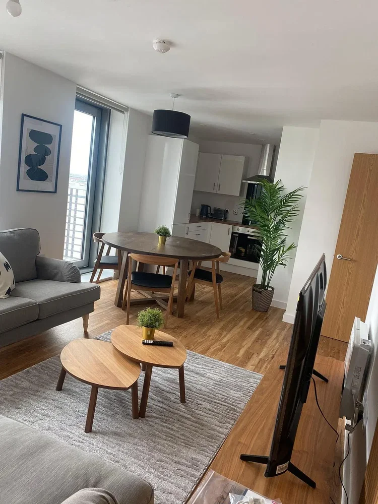 Obývací pokoj; přirozené světlo, dřevěná podlaha, moderní styl, kuchyňské spotřebiče