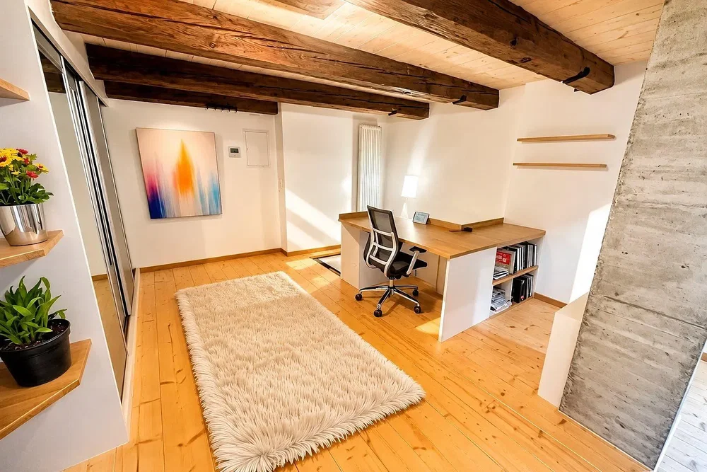 Wohnzimmer; holzbalken, holzboden, tageslicht